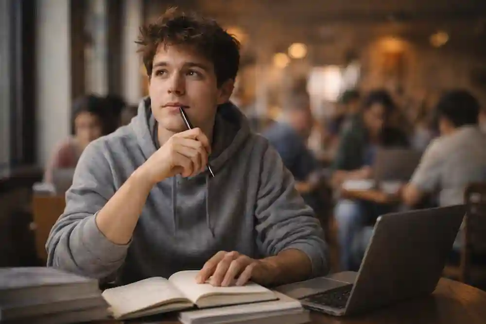 A 22-year-old student practicing the 777 manifestation method for a specific person in a university café.