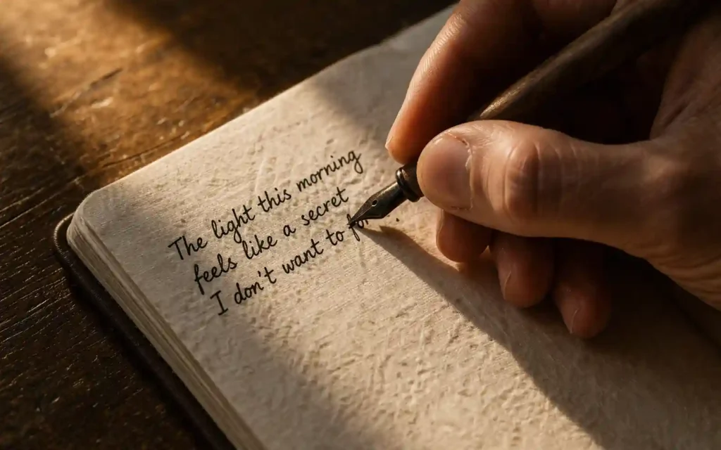 A macro shot of a hand writing "I allow aligned love" in a linen journal, focusing on the 777 manifestation method