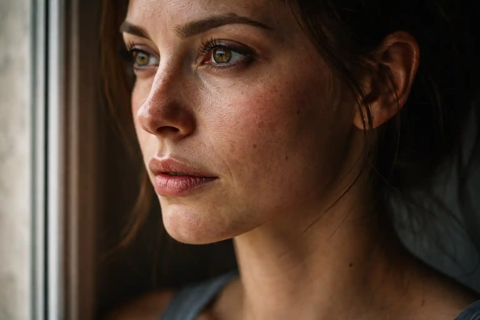 A raw, unedited 10K photograph of a woman’s face in soft window light, focusing on the 777 manifestation method to manifest love and emotional alignment.
