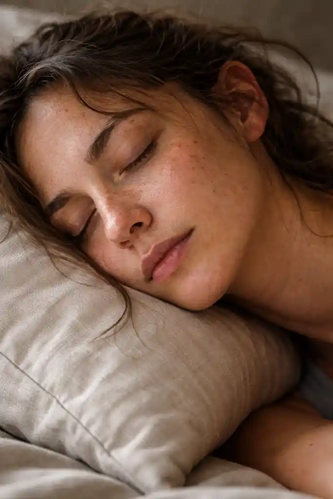 A raw photo of a woman in a relaxed state, explaining the science of the 777 manifestation method and subconscious scripting during the Theta state.
