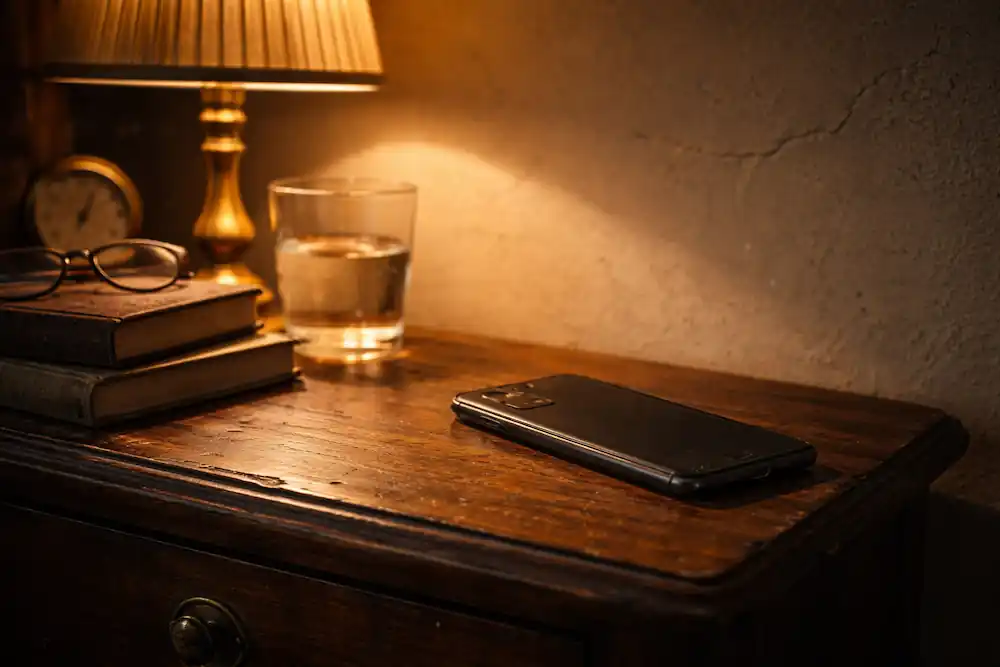 A raw sensor-data photograph of a journal and a phone face-down, following the 777 manifestation phone blackout rule with micro-dust motes in the light.