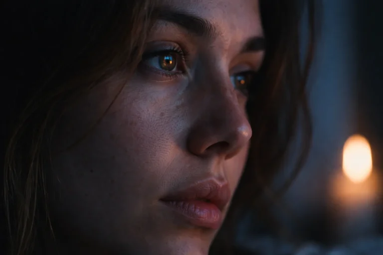 A raw, unfiltered photograph of a woman journaling at dawn for 777 manifestation and subconscious rewiring, showing visible skin pores and messy hair.