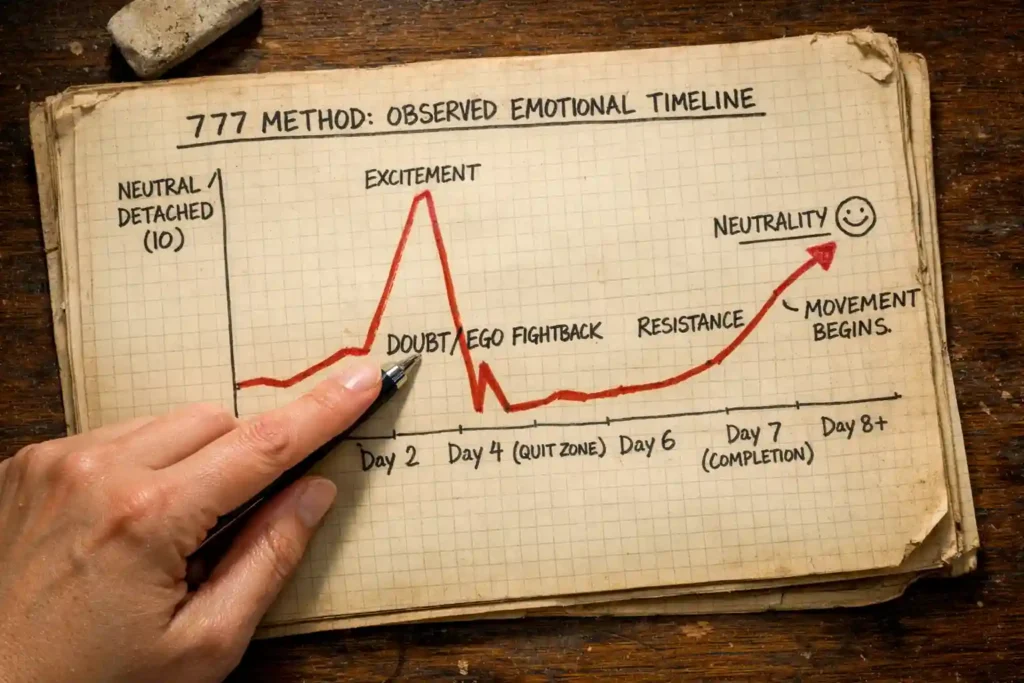 A macro photo of a hand-drawn chart showing the emotional patterns and timelines of real 777 manifestation success stories.