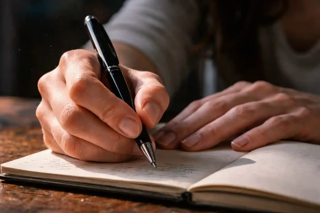 A detailed close-up of a woman's hands in a sunlit USA home office practicing the 777 Method for a Love Manifestation Challenge through strict Mental Discipline.