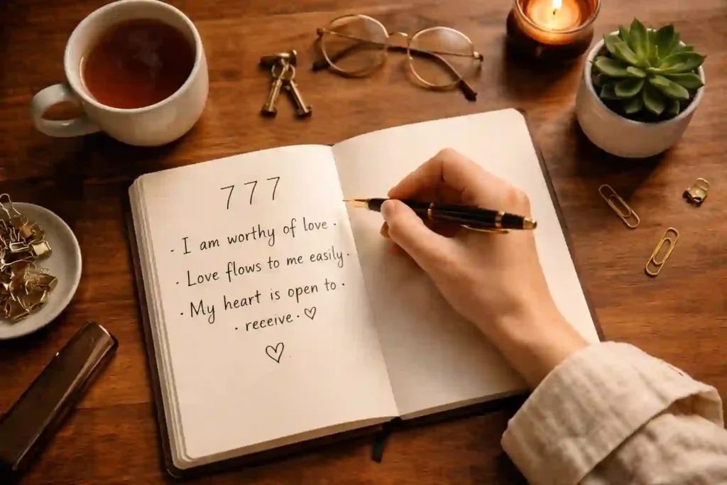 Writing powerful 777 ritual love affirmations in a journal for subconscious reprogramming.