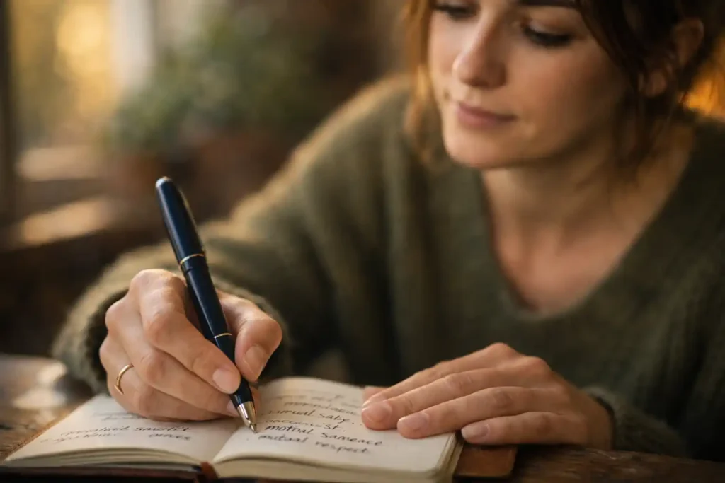 A close-up of hands writing intentional prompts about self-love in a Love Manifestation Journal Prompts.
