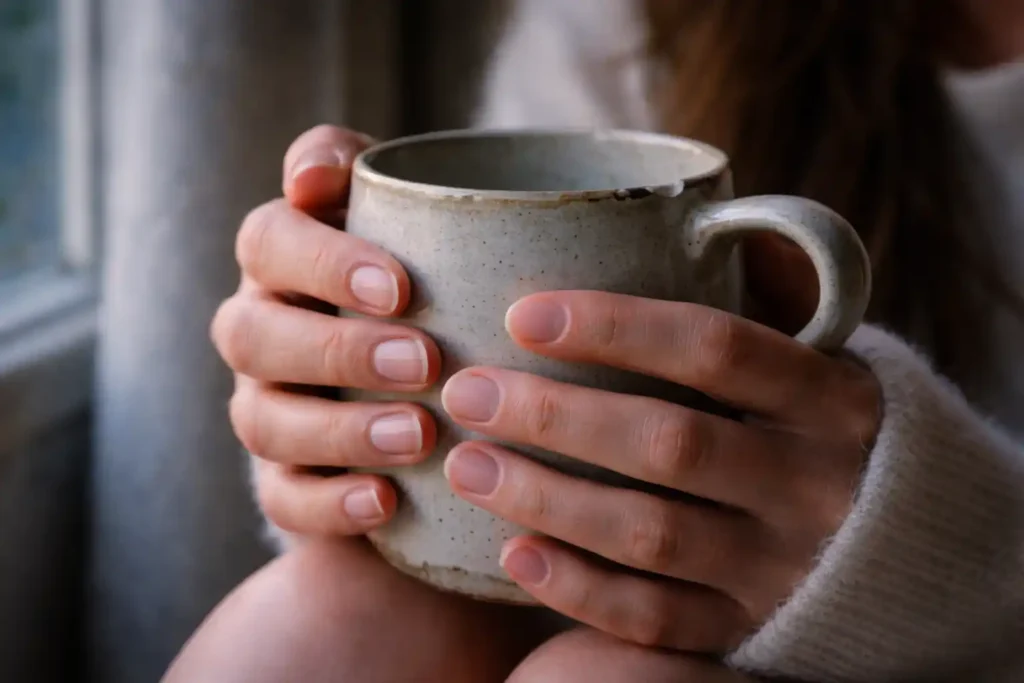 Close up of hands holding a warm cup of tea with natural skin textures, symbolizing the 777 angel number meaning after a breakup.