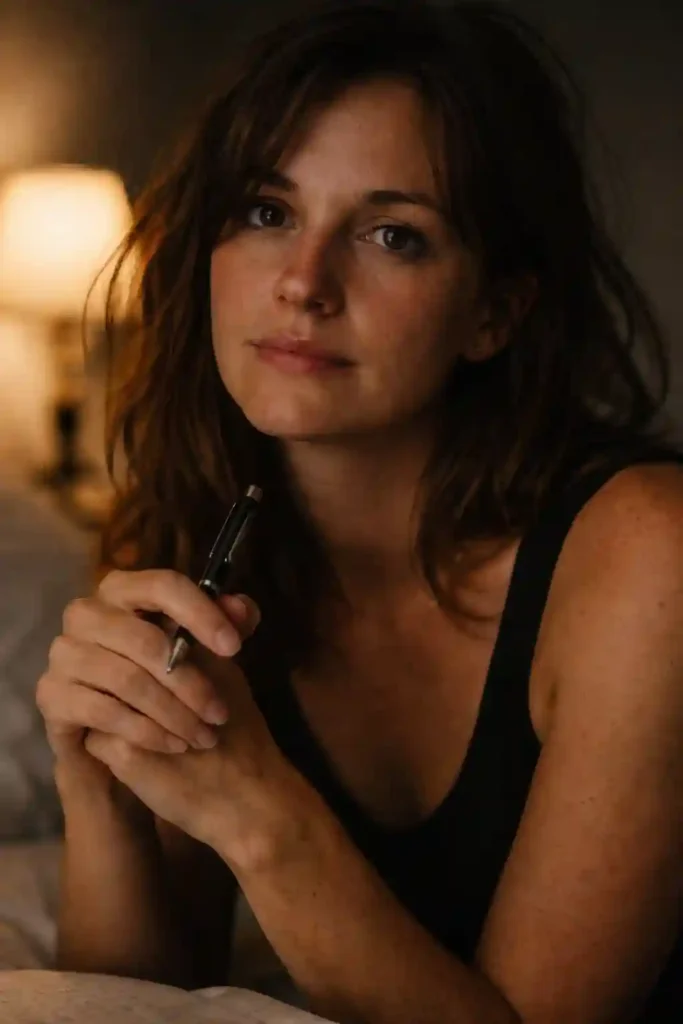 An intimate portrait of a teary-eyed woman holding a pen, symbolizing the turning point in breakup healing.