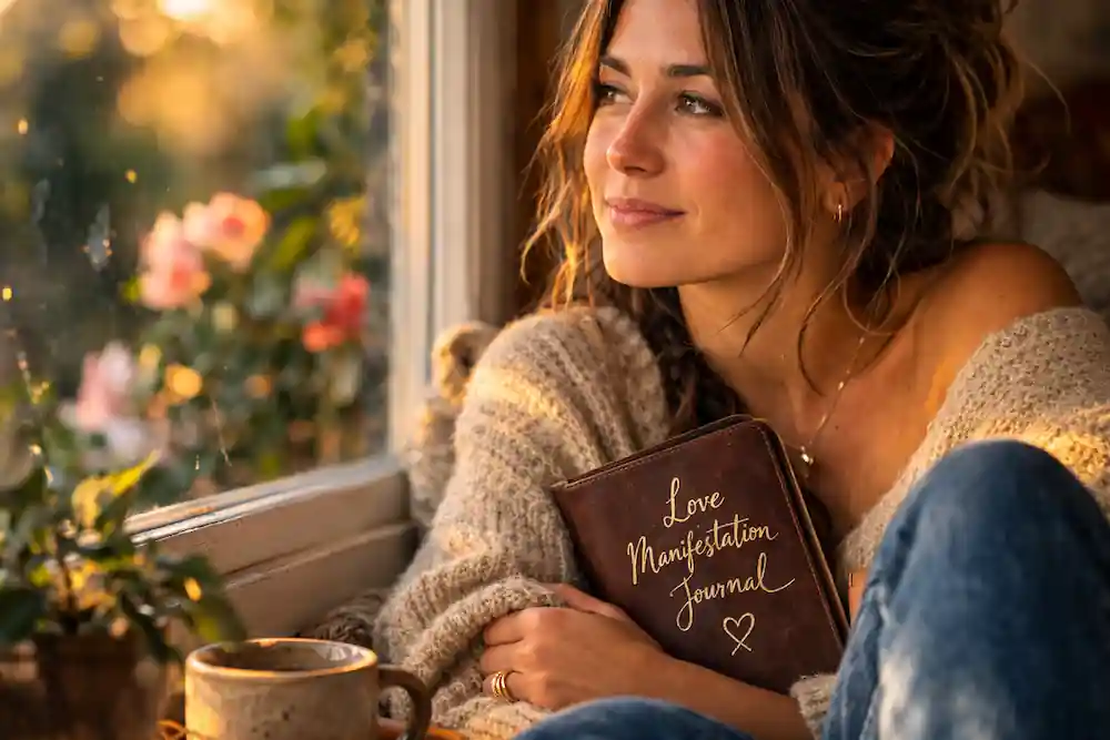 A woman feeling peaceful and aligned after using a love manifestation journal for healing and clarity.