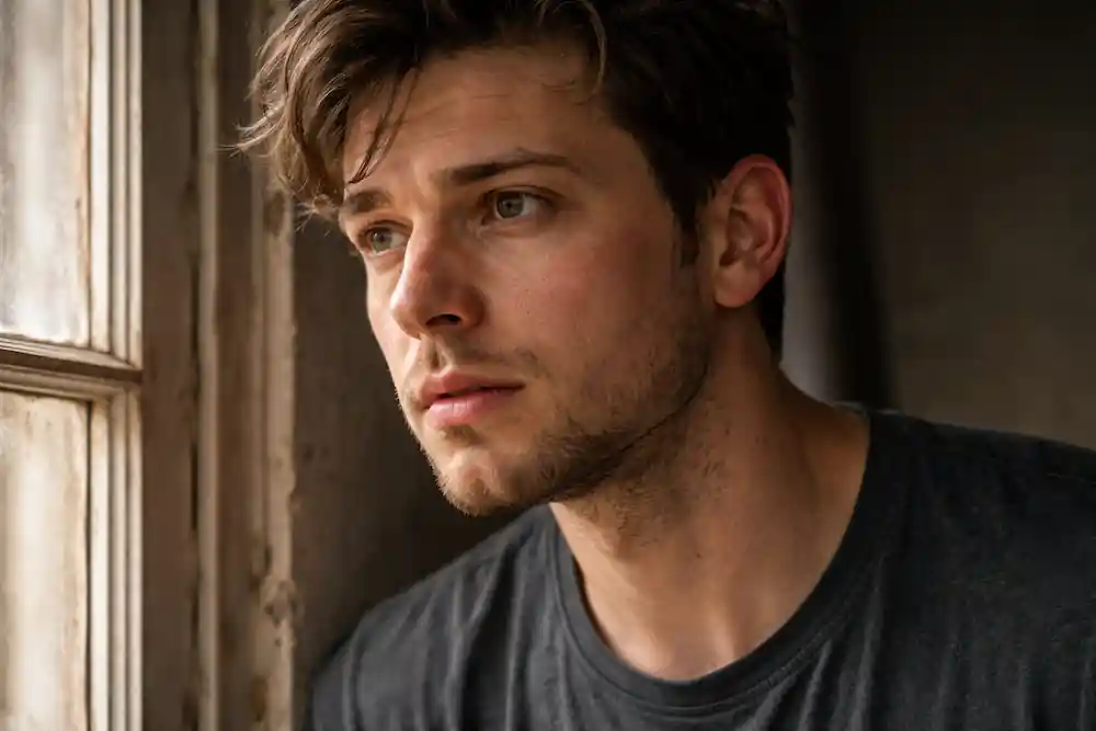 An asymmetrical, gritty portrait of a person looking thoughtful, showing tech-neck lines and natural skin redness