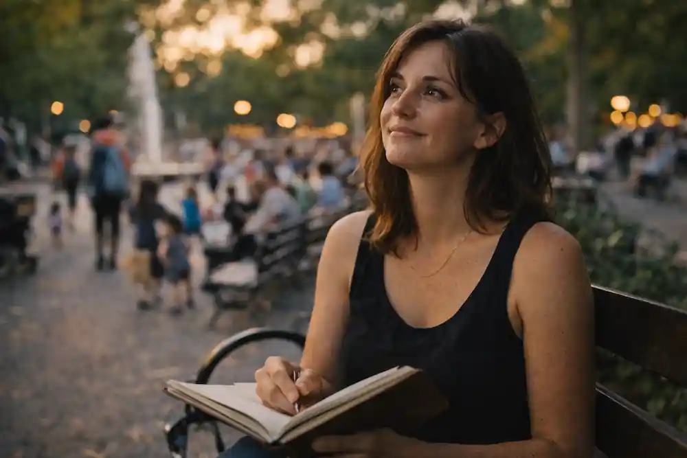 An optimistic woman on a park bench reflecting on her thoughts after starting the 777 manifestation method for ex back.