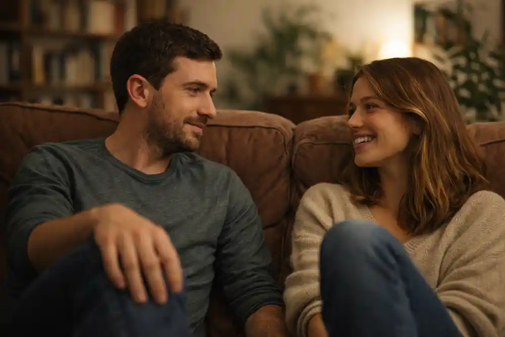 A relaxed couple talking naturally, illustrating the profound emotional balance and internal peace that acts as a core signs your 777 manifestation is working.