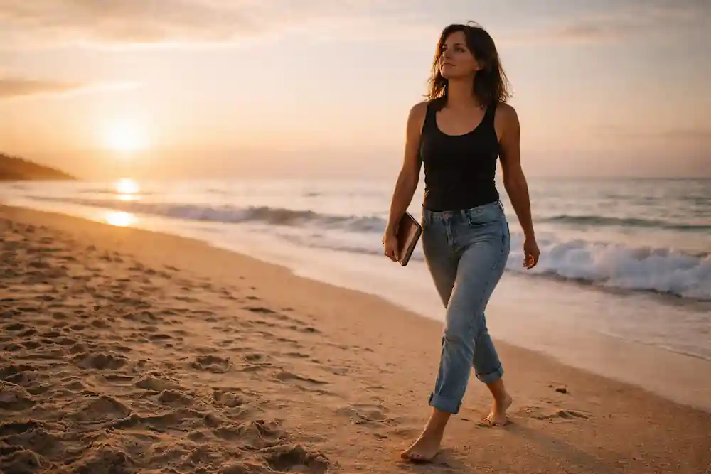 A confident woman walking on a beach at sunrise, representing emotional clarity and successful manifestation outcomes.