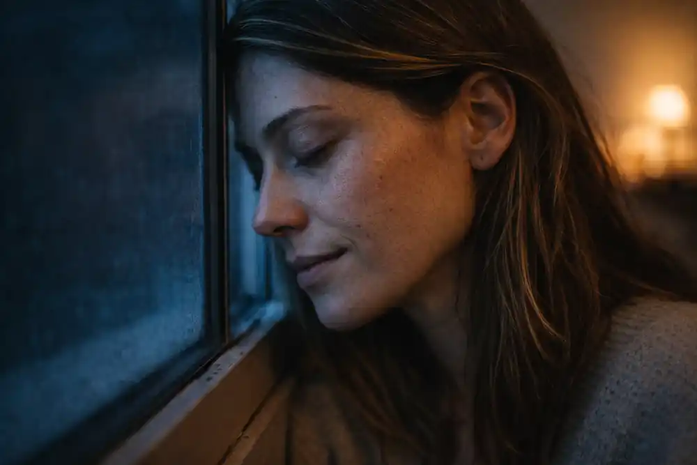 A woman resting her head against glass, in deep internal reflection, depicting the intuitive calm often considered an essential signs your 777 manifestation is working.
