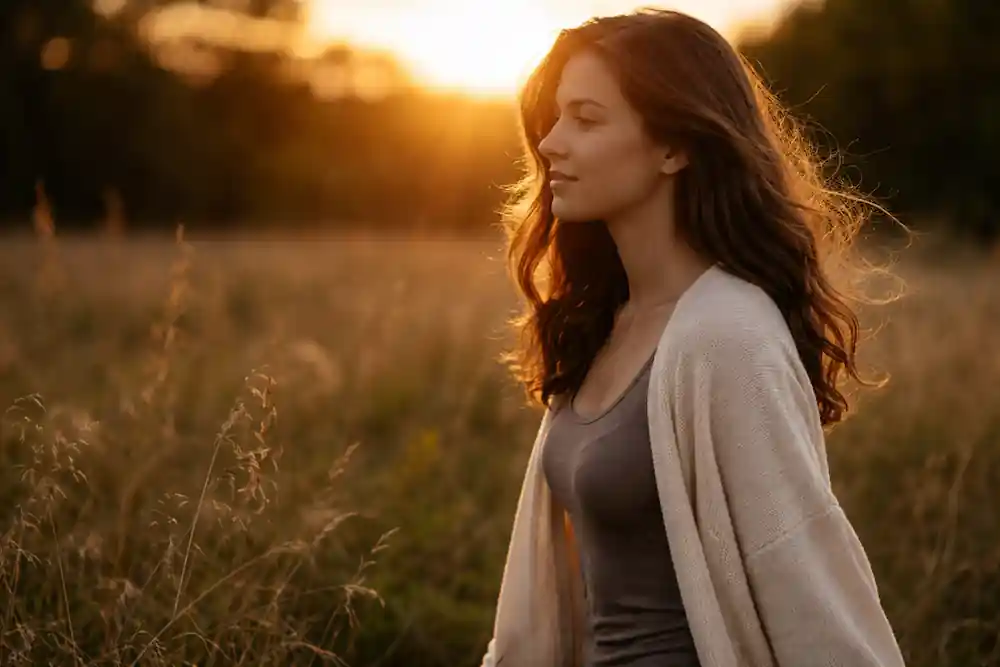 A woman walking through a field of tall grass during golden hour, reflecting the peace found through 777 manifestation after a breakup.