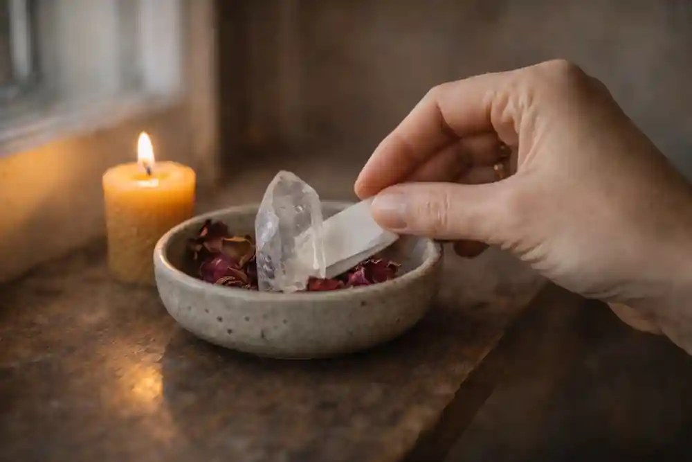 A close-up of a small, grounding ritual with crystals and a candle for love manifestation.