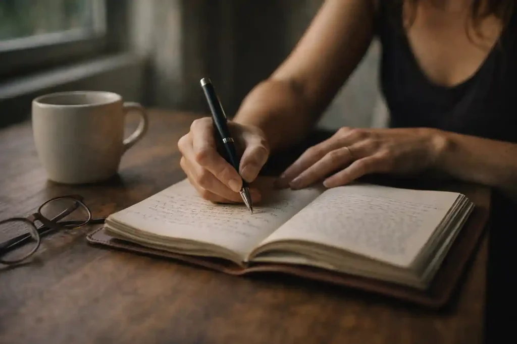 Close-up of a woman journaling on a wooden table, demonstrating how the 777 manifestation method for ex back works.