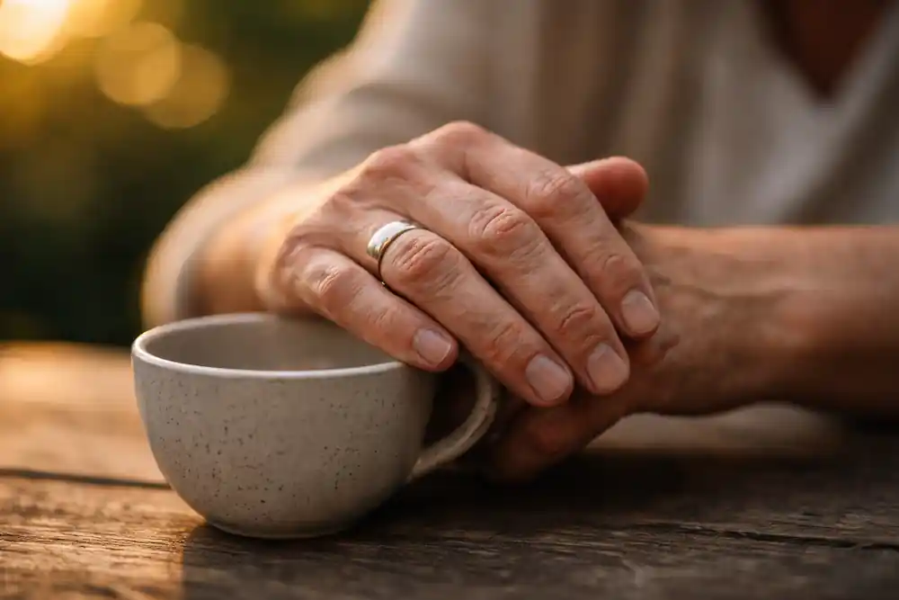 The aged hands of an experienced person sitting patiently, illustrating the profound intuitive calm that serves as a key signs your 777 manifestation is working.