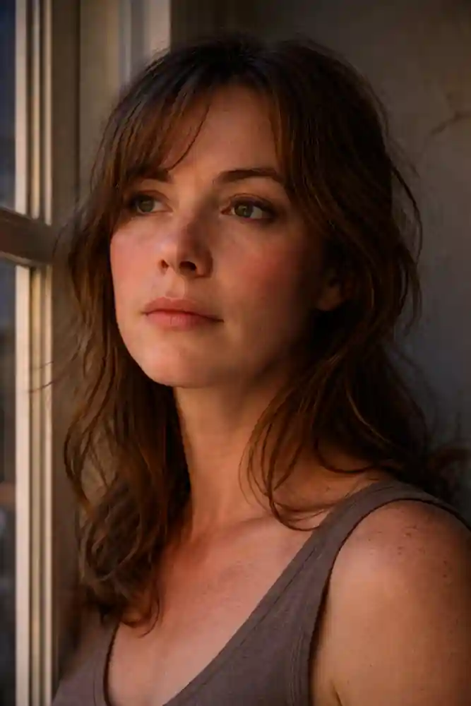 A raw, unfiltered photo of a woman looking out a window at dusk, depicting emotional closeness across long distance.