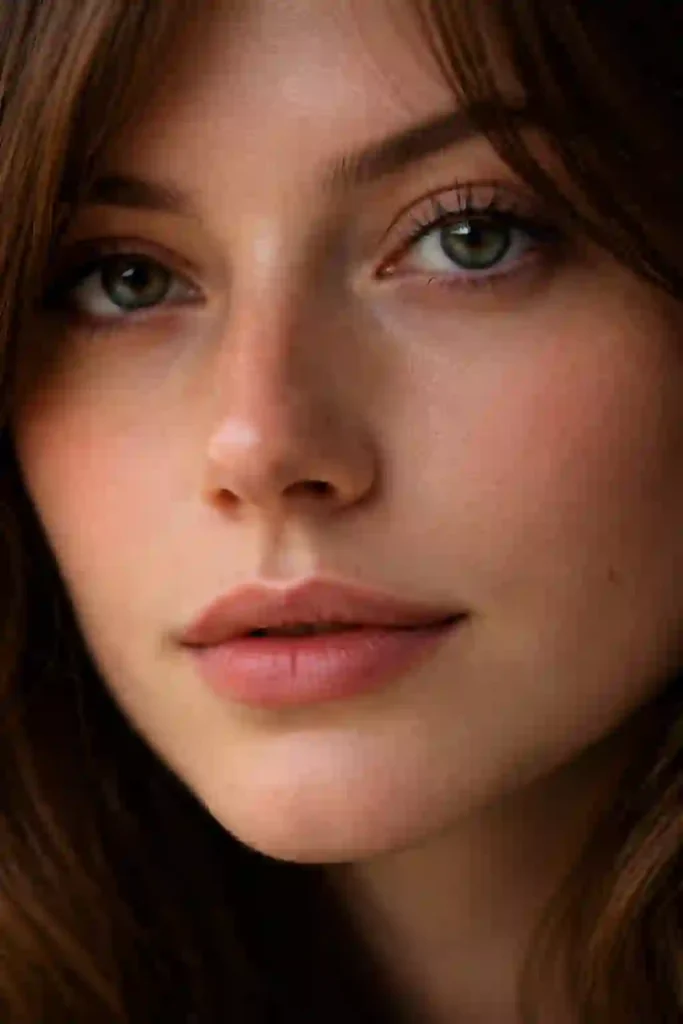 Close up of a woman’s face with realistic skin and a soft, knowing smile, illustrating 777 manifestation affirmations.