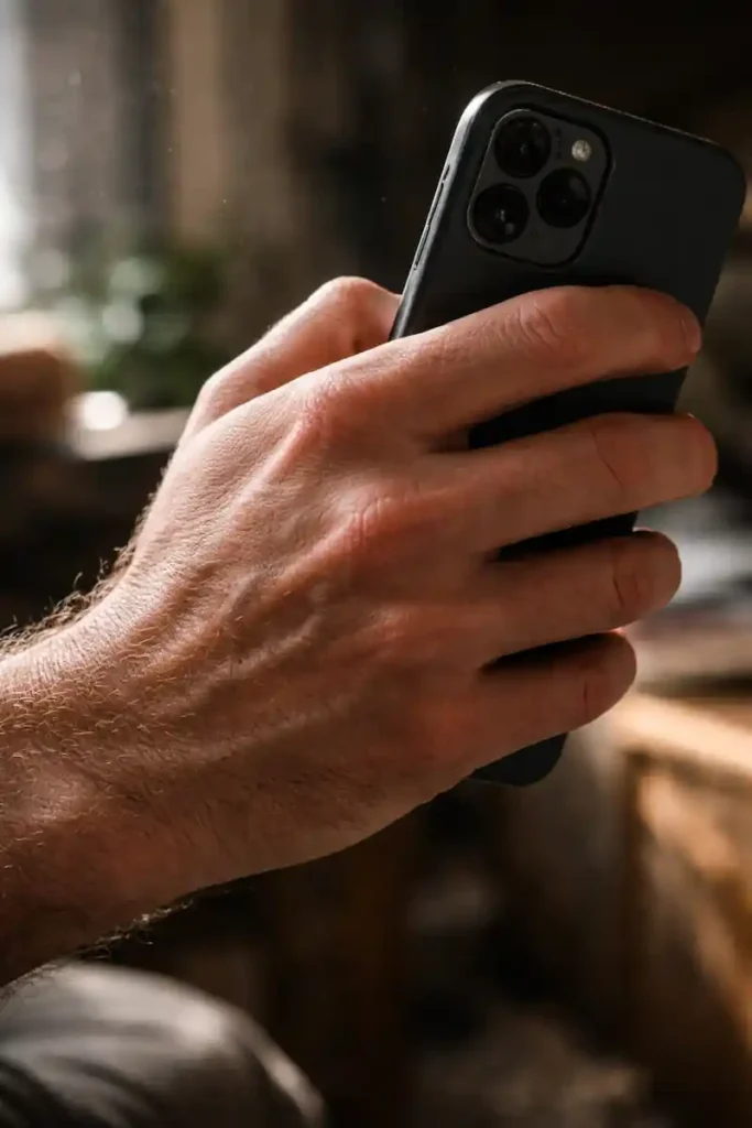 A high-detail 3:2 photo of a hand gripping a phone tightly, showing knuckle wrinkles, representing anxiety during love manifestation.