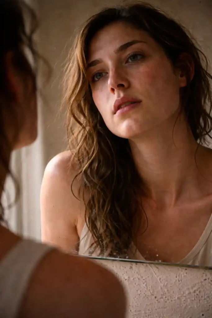A gritty photograph of a woman looking in a mirror, focusing on Nervous System Regulation during her Love Manifestation Challenge to overcome resistance.