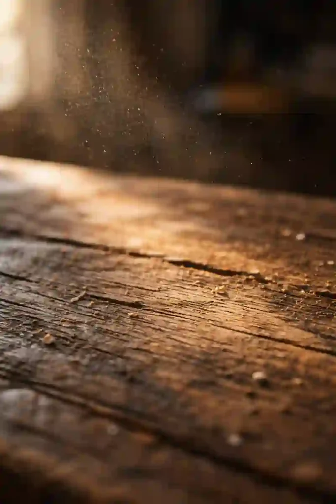 Macro photography of scratched wood grain and dust motes in light, symbolizing divine timing and alignment in love manifestation.
