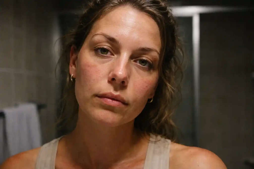A raw, unedited photo showing a woman's face with visible skin grit and pores, illustrating how love manifestation fails due to a nervous system mismatch.