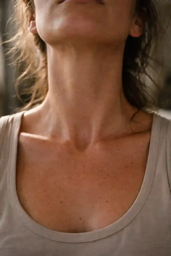 A candid shot of a woman's neck and collarbone with natural skin folds, illustrating a nervous system safety reset for love manifestation.