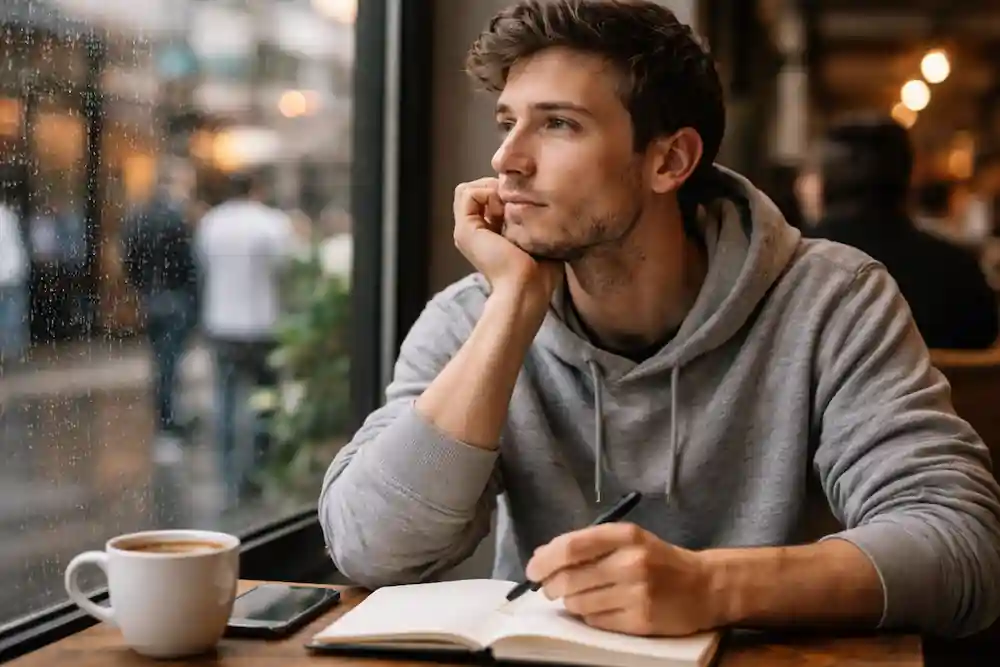 A young man sitting calmly at a cafe desk, processing manifestation signs through internal calm and behavioral results after recognizing a signs your 777 manifestation is