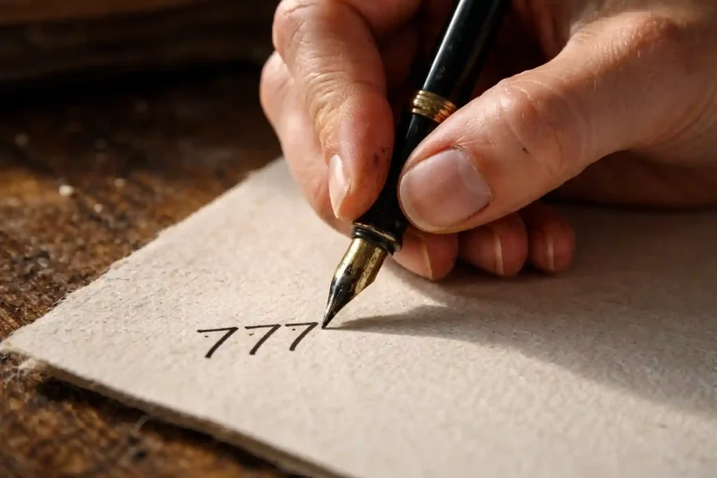 Close-up of hands holding a pen during a 777 manifestation for crush morning ritual with natural skin grain.