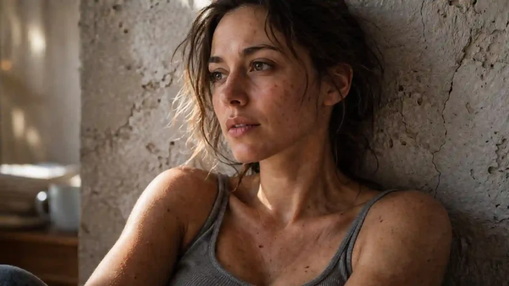 A raw, unfiltered photo of a woman sitting calmly, showing how to manifest love by overcoming relationship anxiety through the 777 manifestation for love