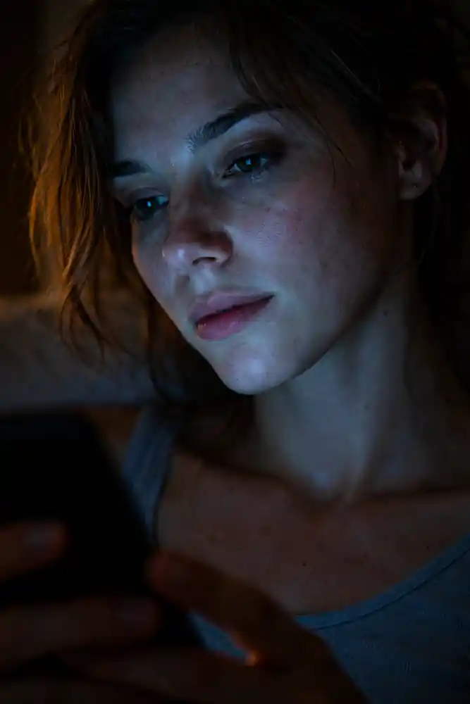 A raw, unedited close-up of a woman’s face looking at a phone screen with natural skin grit and777 Manifestation for Love focus.