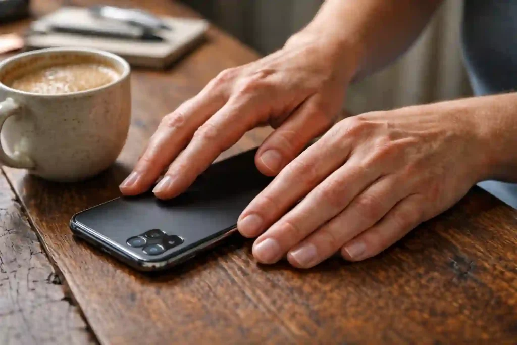 An unfiltered photograph of a person putting their phone away to focus on emotional detachment, a core step in a successful manifestation ritual and 777 manifestation for love.