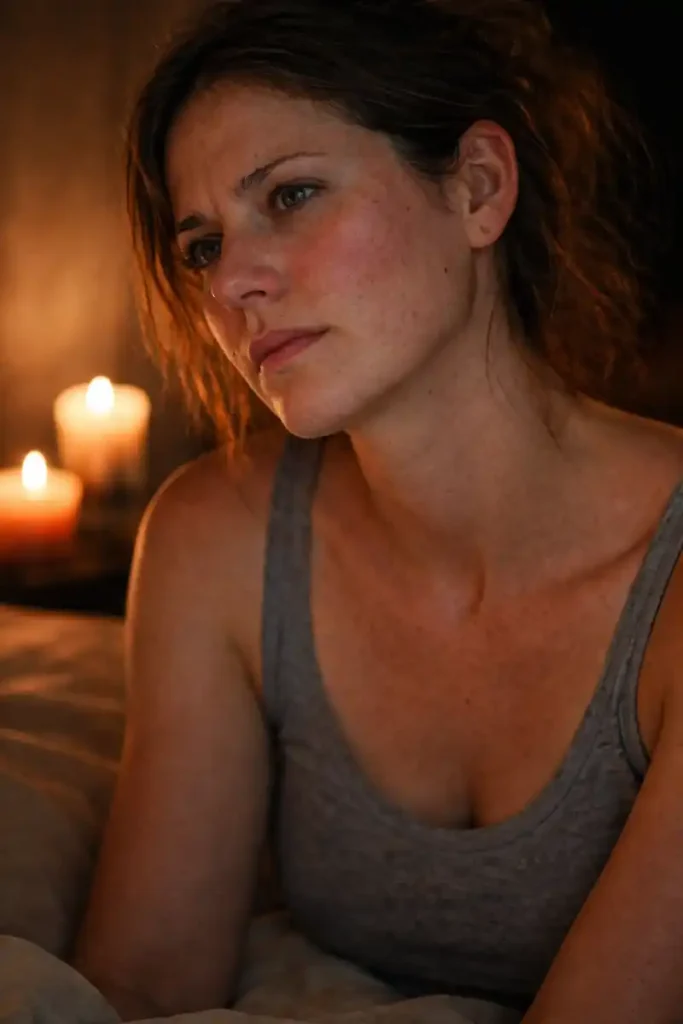 A raw photograph of a woman practicing a nighttime manifestation ritual to regulate her nervous system, similar to 777 manifestation success stories.