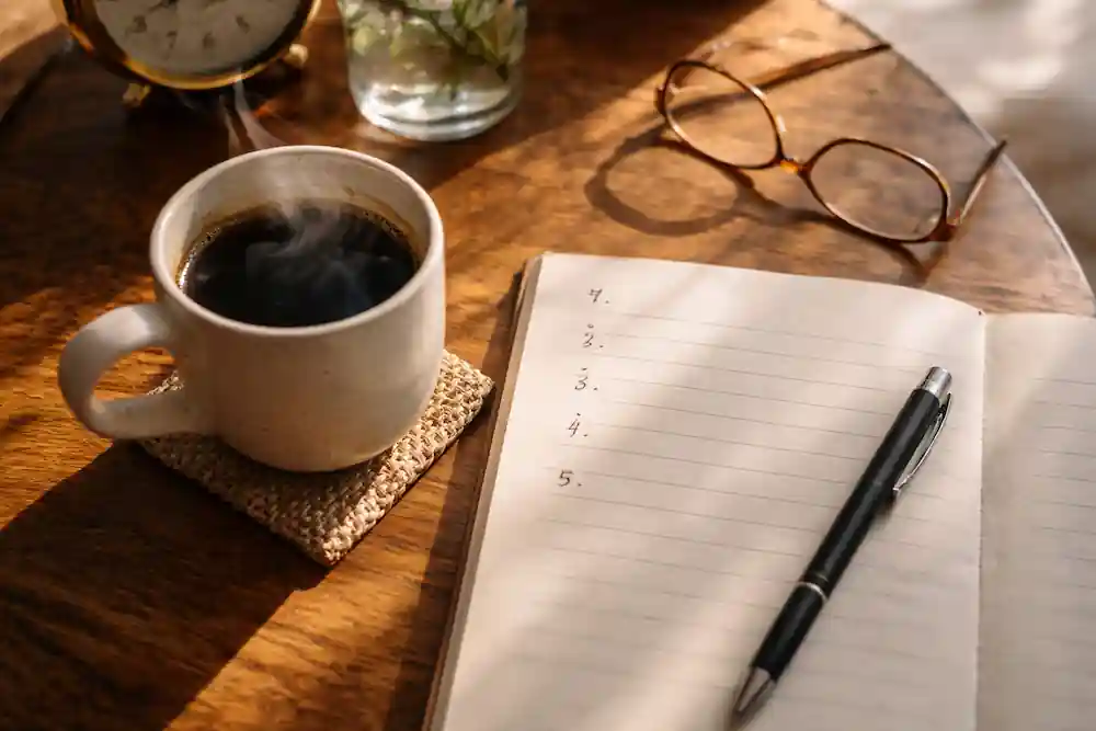 A morning ritual setup with coffee and a notebook for writing powerful love affirmations for 777 method.