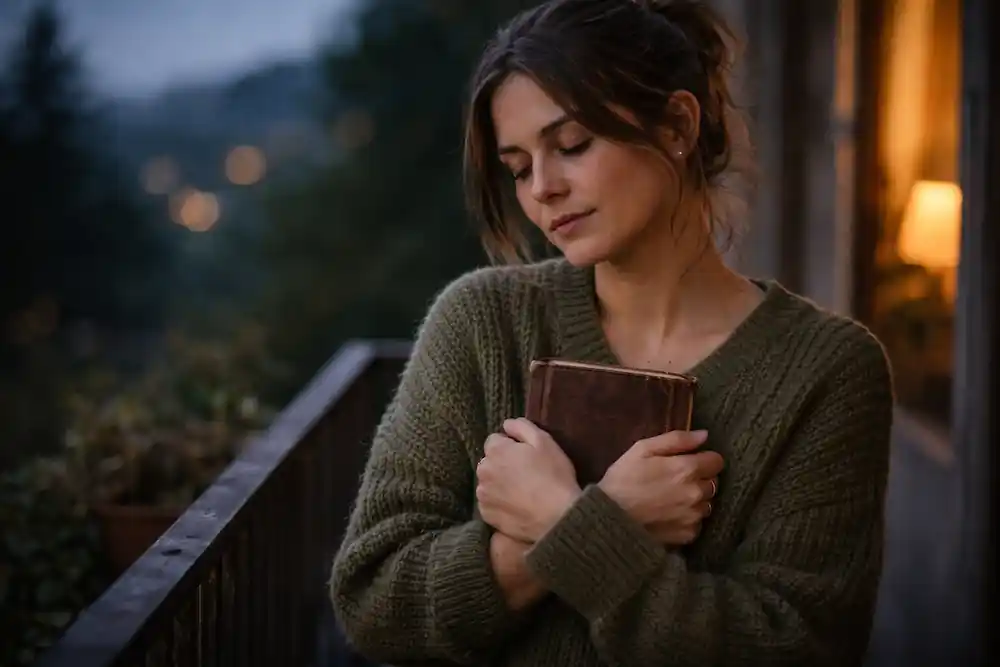 A woman experiencing emotional release and healing while holding her Love Manifestation Journal Prompts.