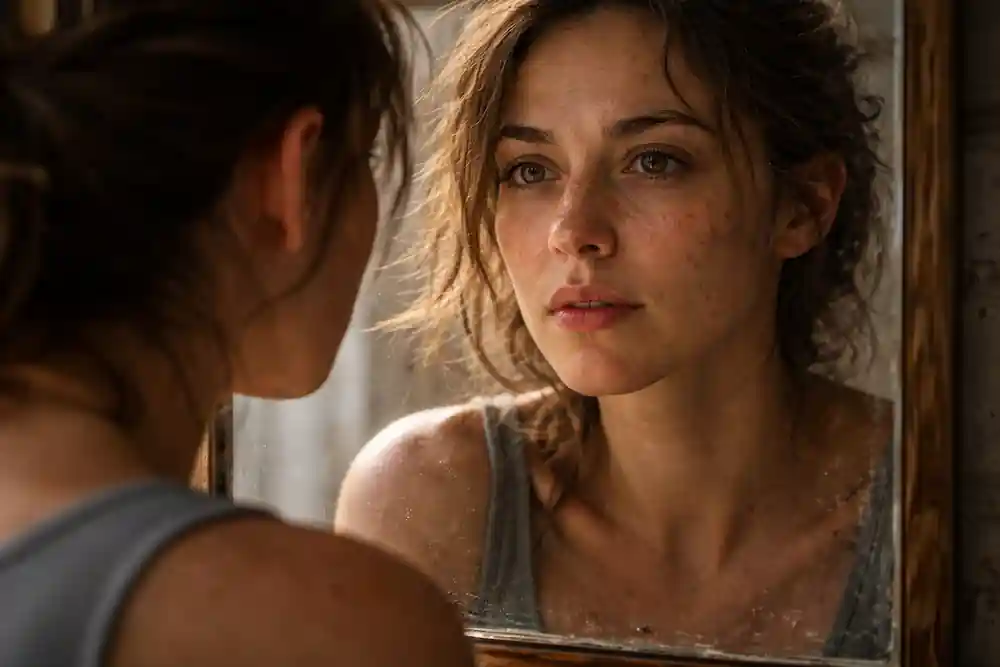 A candid photograph of a woman looking at her reflection, representing soulmate alignment and the 777 Manifestation for Love.