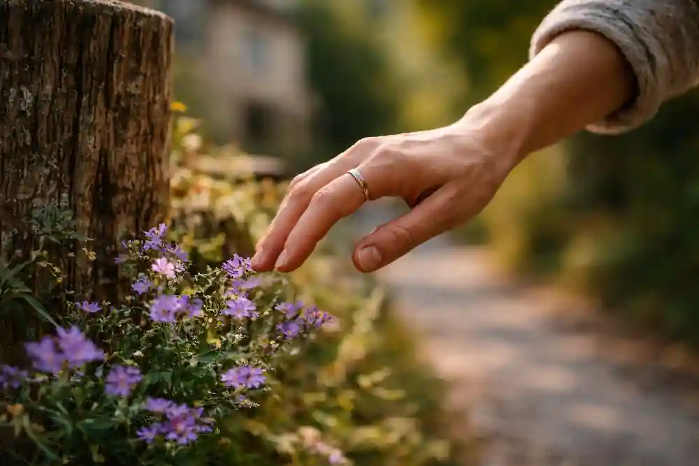 A woman’s hand gently nearing wildflowers, illustrating the reduced resistance and subconscious familiarity that allows a signs your 777 manifestation is working to appear.