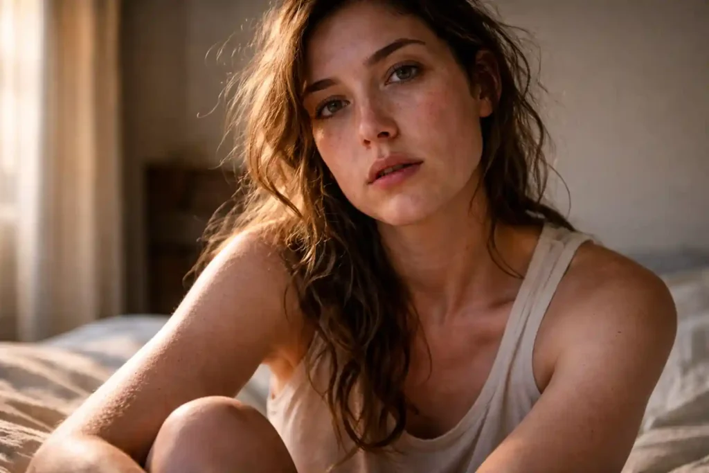 A candid, high-detail photo of a woman starting her day with a Digital Detox to aid Subconscious Rewiring as part of her 777 Method ritual.