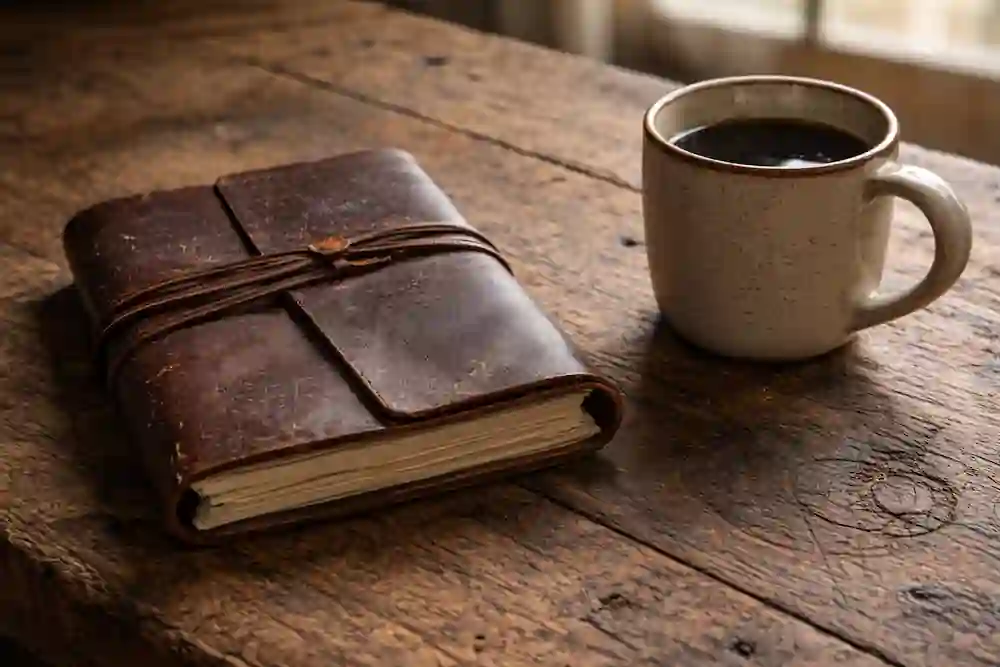 A realistic photo of a closed journal on a wooden desk, symbolizing the completion of the 777 Method and successful Subconscious Rewiring in a Love Manifestation Challenge.