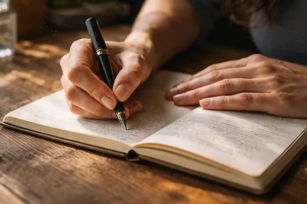 A high-detail candid photo of hands practicing subconscious scripting using the 777 manifestation for love to attract a soulmate.