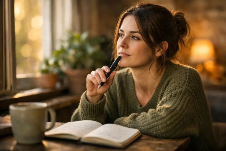 A young woman thoughtfully writes in her love manifestation journal prompts, creating space for emotional alignment.