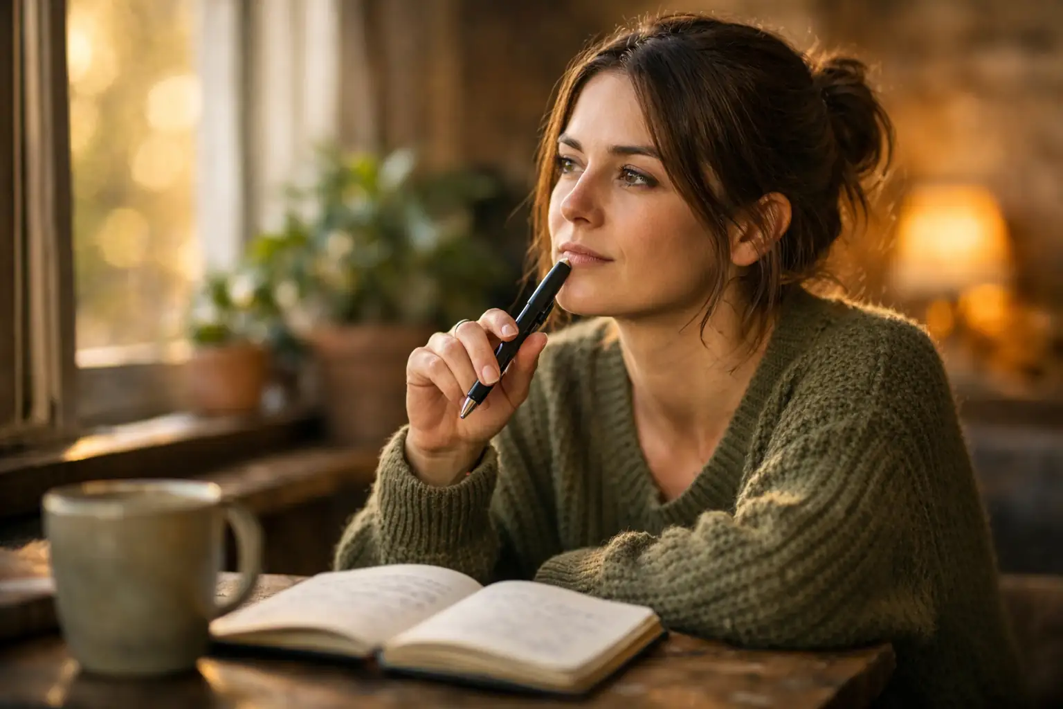 A young woman thoughtfully writes in her love manifestation journal prompts, creating space for emotional alignment.