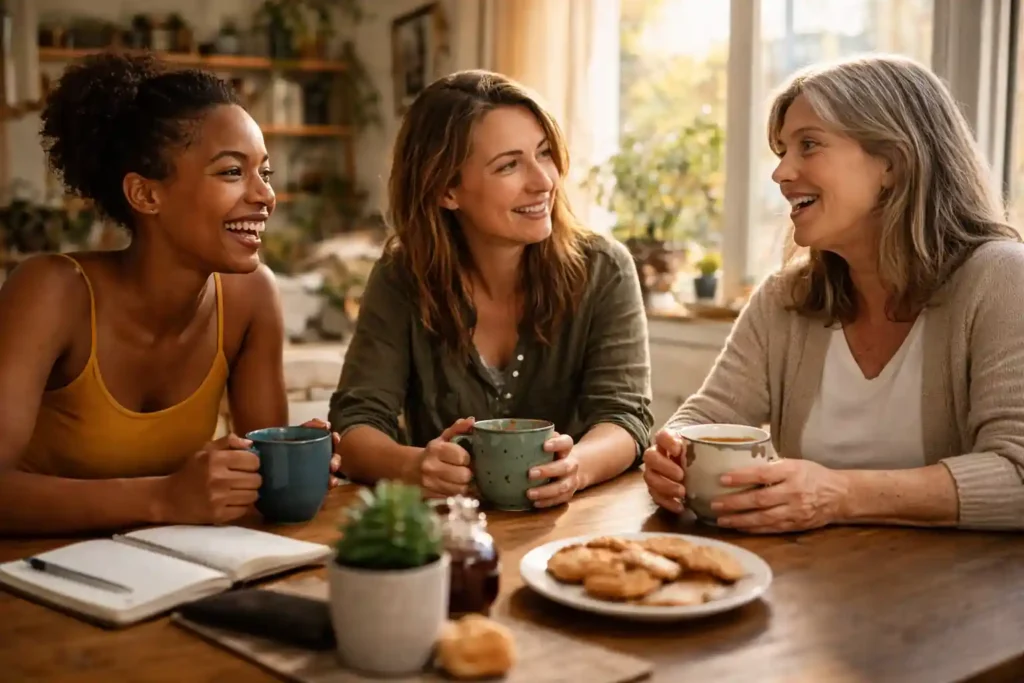 Three women laughing and talking together naturally, showing how women often recognize manifestation signs through emotional awareness and relational dynamics.