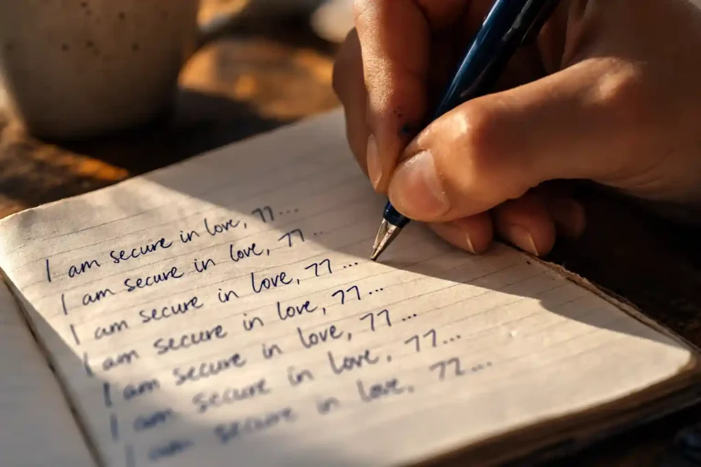 A close-up shot of a hand actively writing in a journal, demonstrating the psychological repetition process behind a signs your 777 manifestation is working.