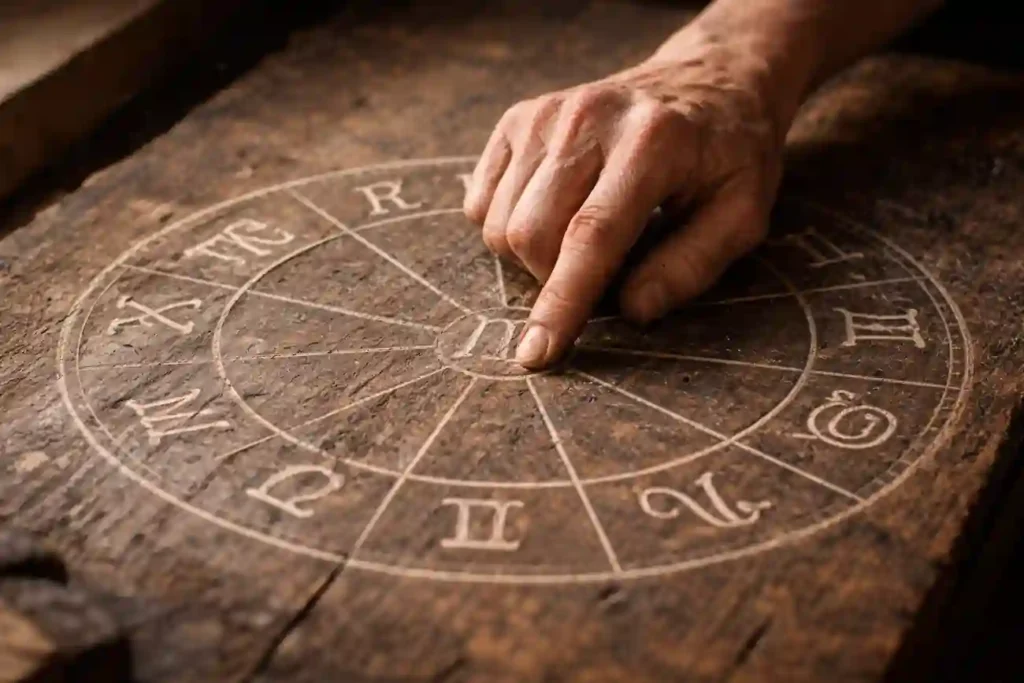 Close-up of rough fingers tracing a zodiac chart etched in weathered wood, showing 4/4 portal numerology alignment.