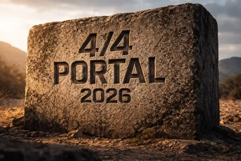 10K UHD raw photograph of a massive stone monolith with bold "4/4 PORTAL 2026" carved into the gritty, porous surface.