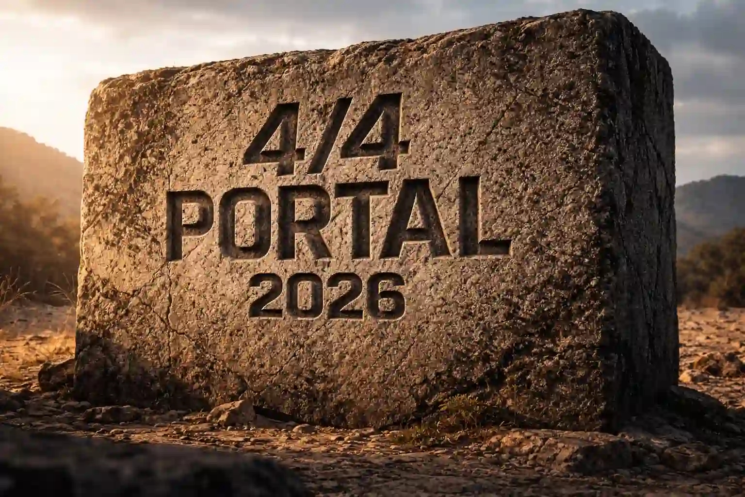 10K UHD raw photograph of a massive stone monolith with bold "4/4 PORTAL 2026" carved into the gritty, porous surface.
