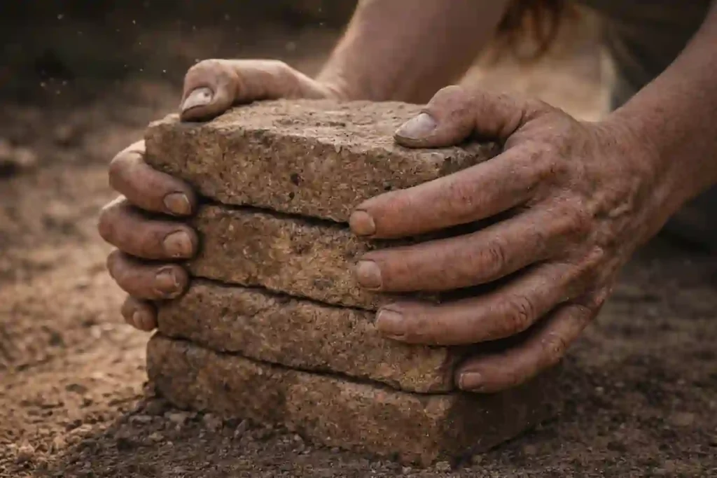 Raw photo of a woman's gritty hands holding four sandstone bricks, illustrating 4/4 portal numerology building.